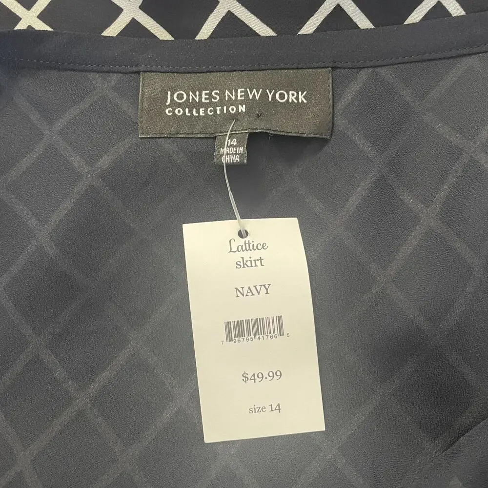 Jones New York Skirt Size 14 Navy White Windowpane Minimal Chiffon Flowy Office